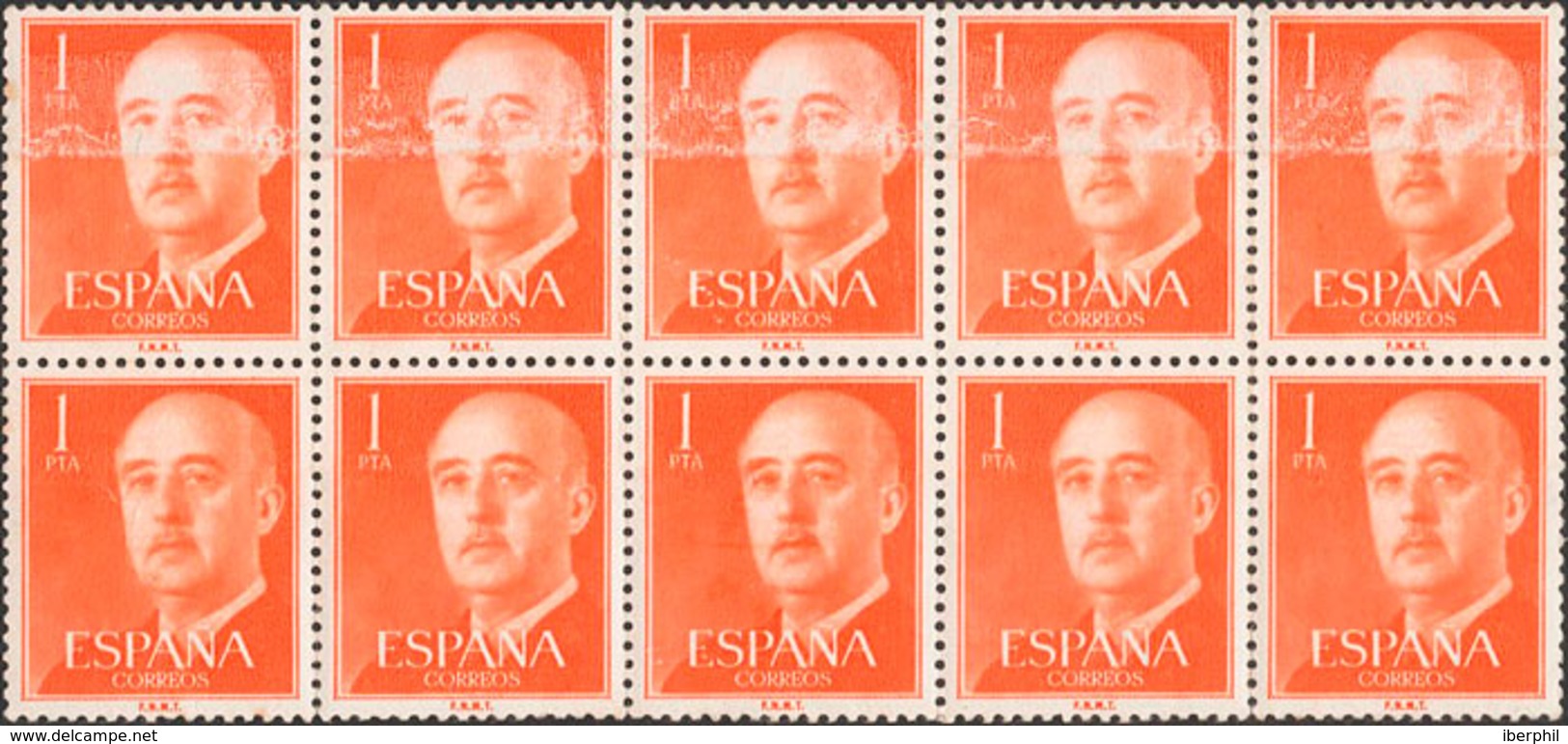 785 1955.   1153x(10). 1 Pts Rojo Naranja, Bloque De Diez. Variedad EMPALME DEL PAPEL. MAGNIFICO Y RARISIMO BLOQUE, VERD - Otros & Sin Clasificación