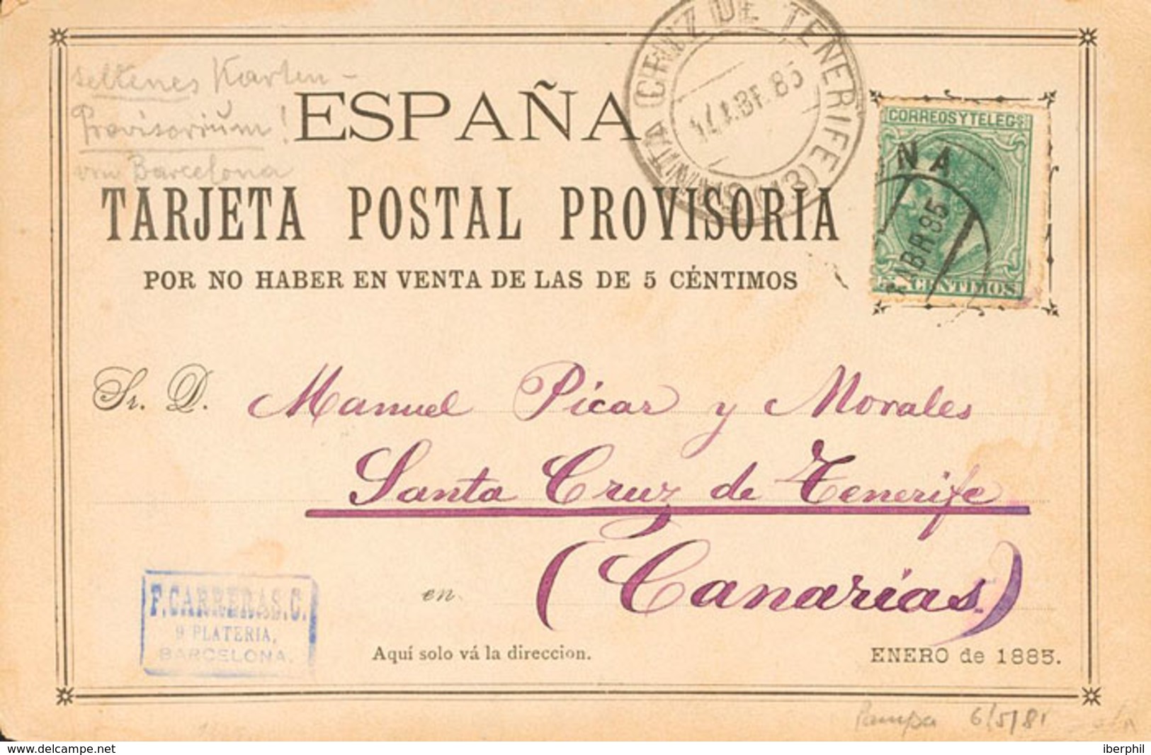 818 1885. Sobre EPCC1F, 201. 5 Cts Verde Sobre TARJETA POSTAL PROVISORIA DE CARRERAS CANDI (con La Marquilla En Color Vi - Other & Unclassified