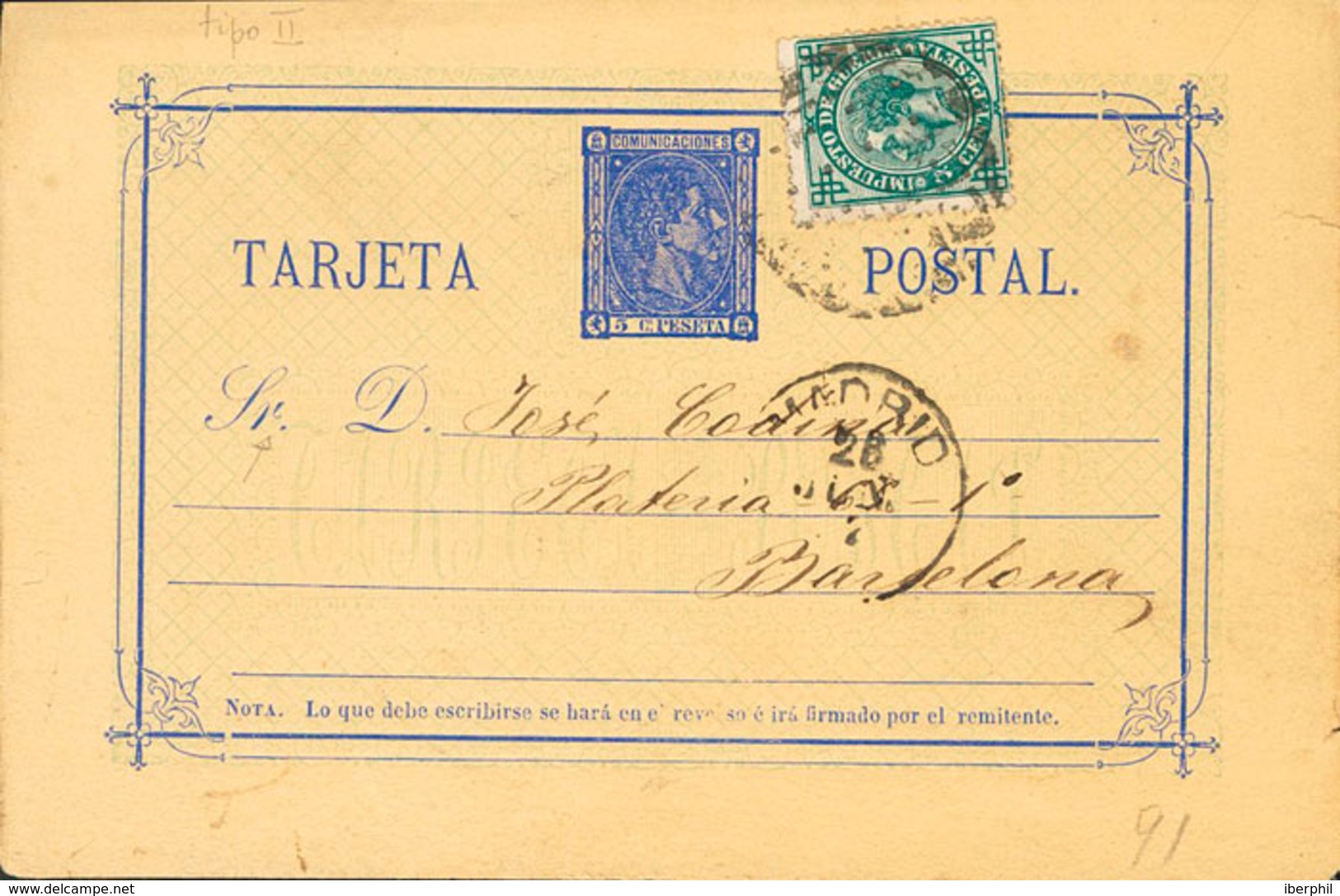 831 1877. Sobre EP9, 183. 5 Cts Ultramar Sobre Tarjeta Entero Postal (Tipo II) De MADRID A BARCELONA, Con Franqueo Compl - Other & Unclassified