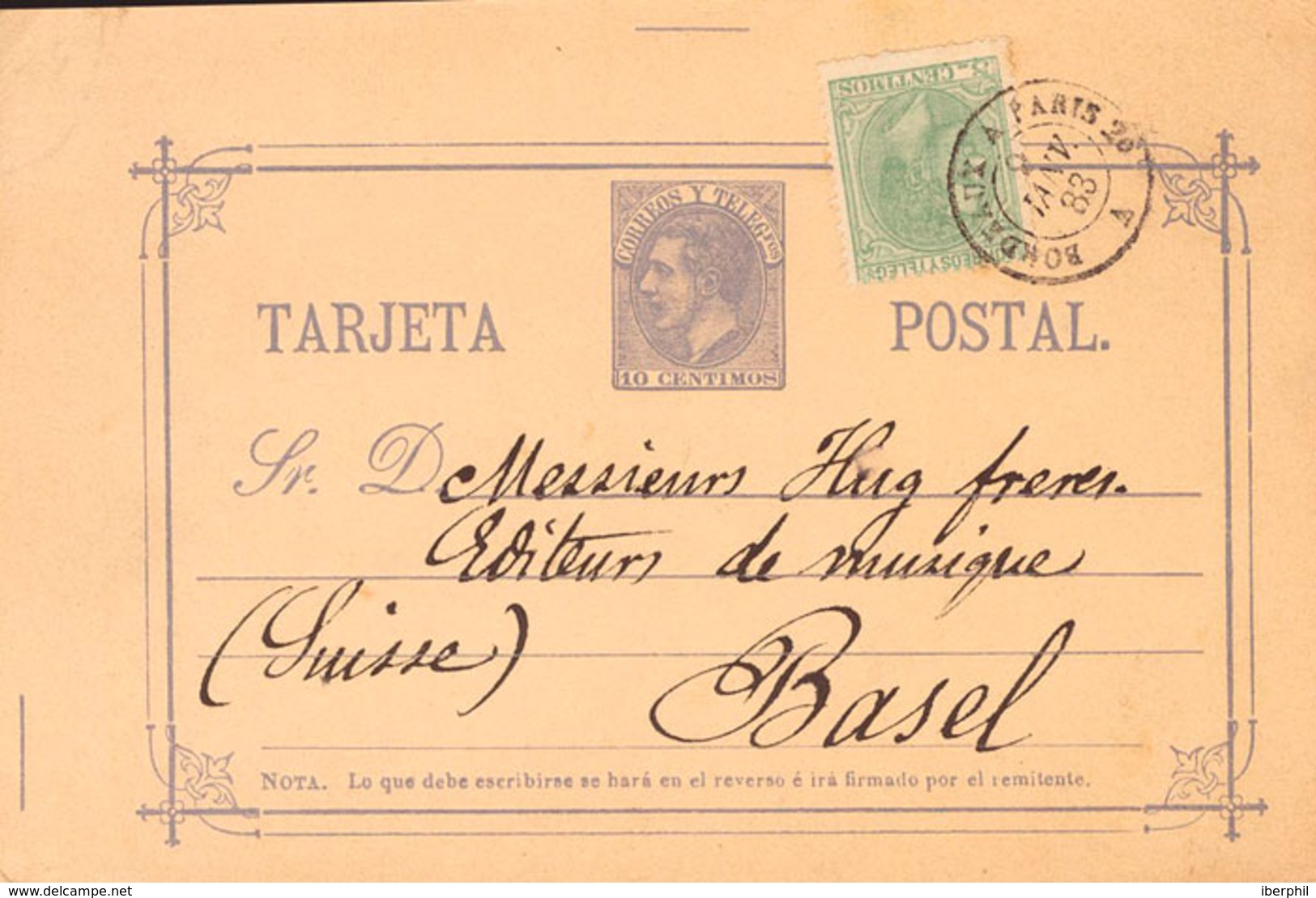 835 1883. Sobre EP11. 10 Cts Violeta Gris (Tipo II) Sobre Tarjeta Entero Postal De MADRID A BASILEA (SUIZA), Con Franque - Otros & Sin Clasificación