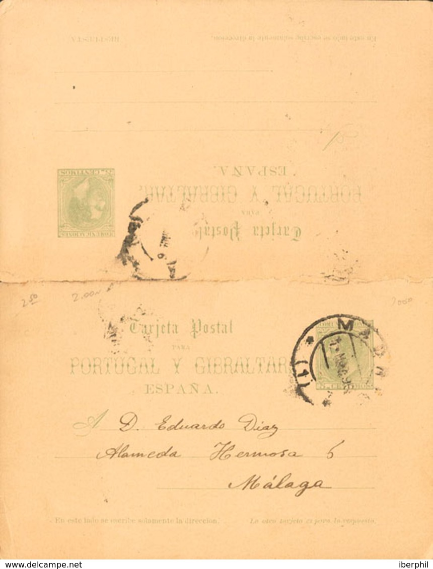 839 1884. Sobre EP14. 5 Cts + 5 Cts Verde Sobre Tarjeta Entero Postal Circulada Sólamente A La Ida De MADRID A MALAGA, D - Otros & Sin Clasificación