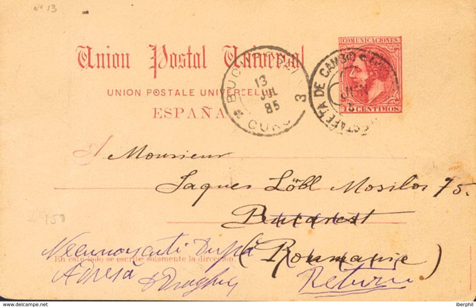 841 1885. Sobre EP15. 10 Cts Carmín Sobre Tarjeta Entero Postal De BARCELONA A BUCAREST (RUMANIA), Devuelta Al Remitente - Otros & Sin Clasificación