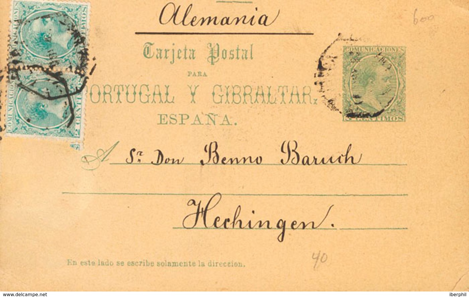 853 1890. Sobre EP25. 5 Cts Verde Sobre Tarjeta Entero Postal De MADRID A HECHINGEN (ALEMANIA), Con Franqueo Complementa - Otros & Sin Clasificación