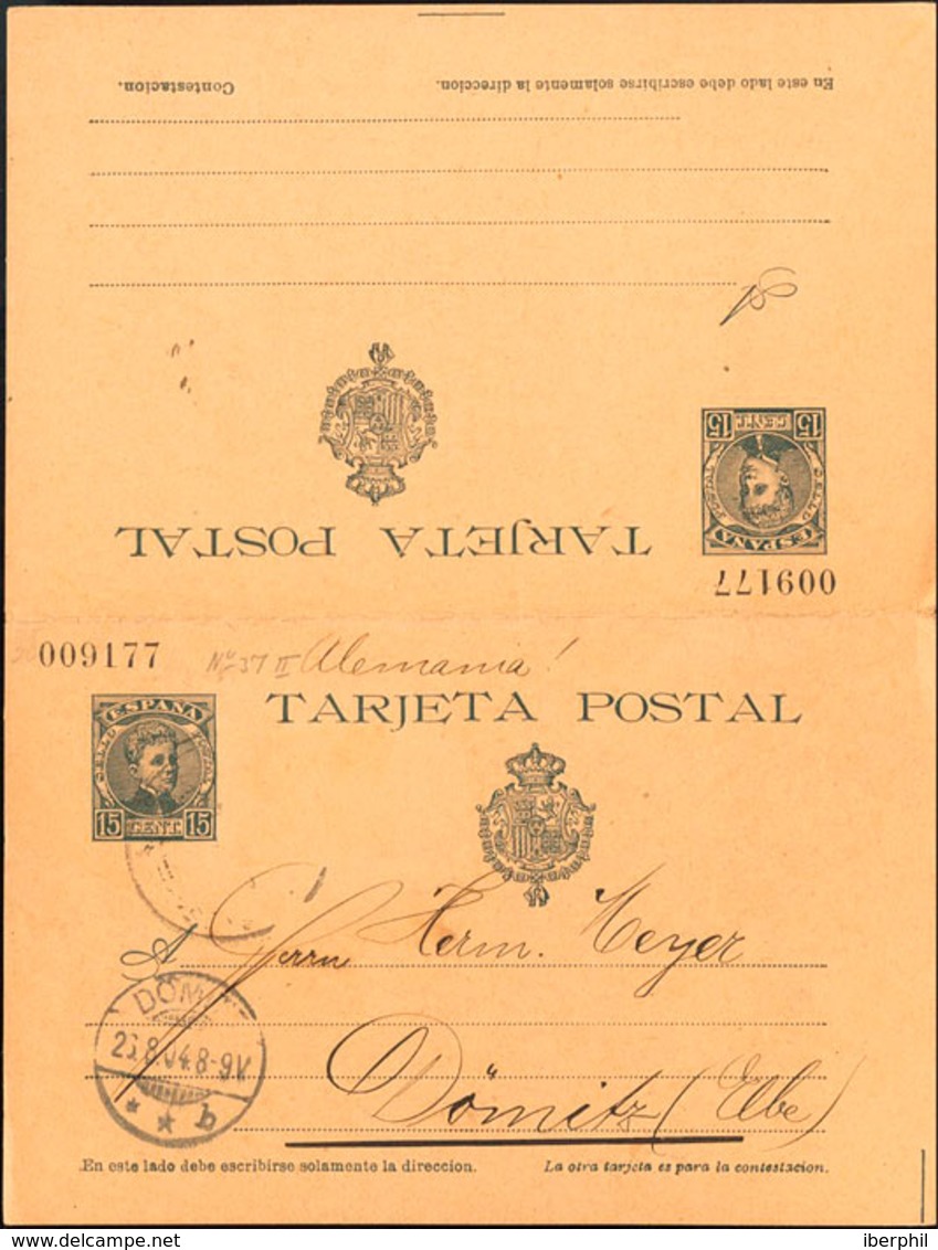 873 1904. Sobre EP38. 15 Cts + 15 Cts Pizarra Sobre Tarjeta Entero Postal Circulada Sólamente La Ida Circulada A DONITZ  - Otros & Sin Clasificación