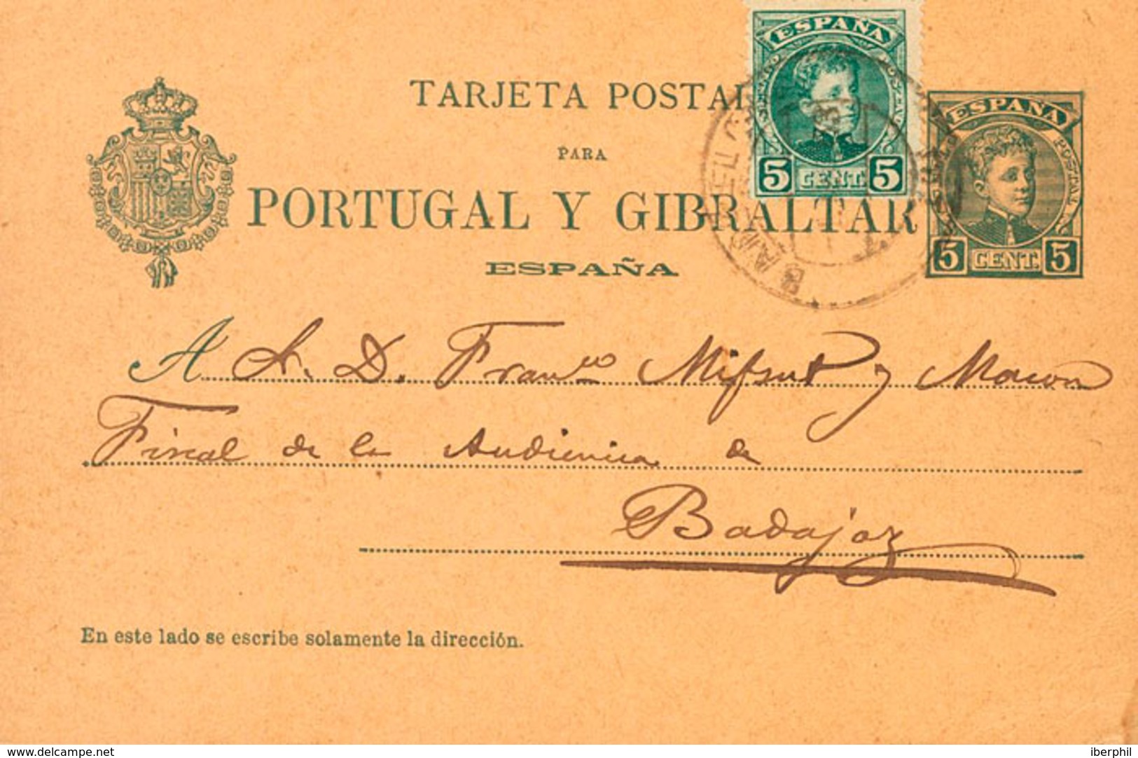 880 1903. Sobre EP43SNFa. 5 Cts Verde Sobre Tarjeta Entero Postal De BARCELONA A BADAJOZ, Con Franqueo Complementario De - Otros & Sin Clasificación