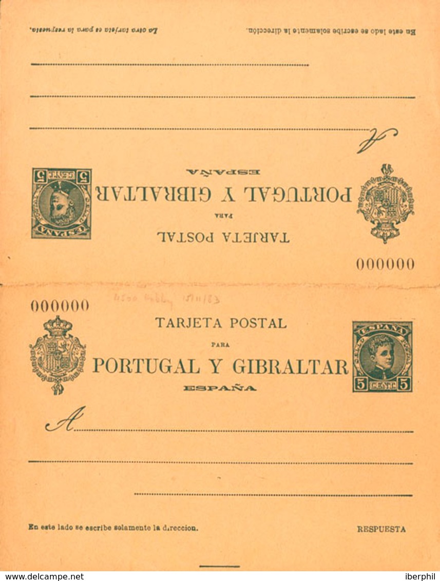 882 1903. (*) EP44N. 5 Cts + 5 Cts Verde Azul Sobre Tarjeta Entero Postal, De Ida Y Vuelta. Nº000000. MAGNIFICA. (Láiz 2 - Other & Unclassified
