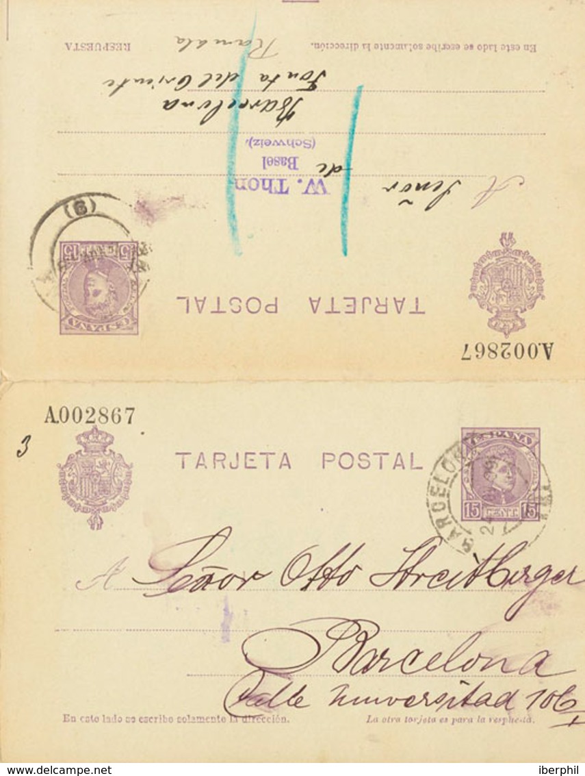 886 1909. Sobre EP46. 15 Cts + 15 Cts Violeta Sobre Tarjeta Entero Postal La Ida Correo Interior De BARCELONA Y La Vuelt - Otros & Sin Clasificación