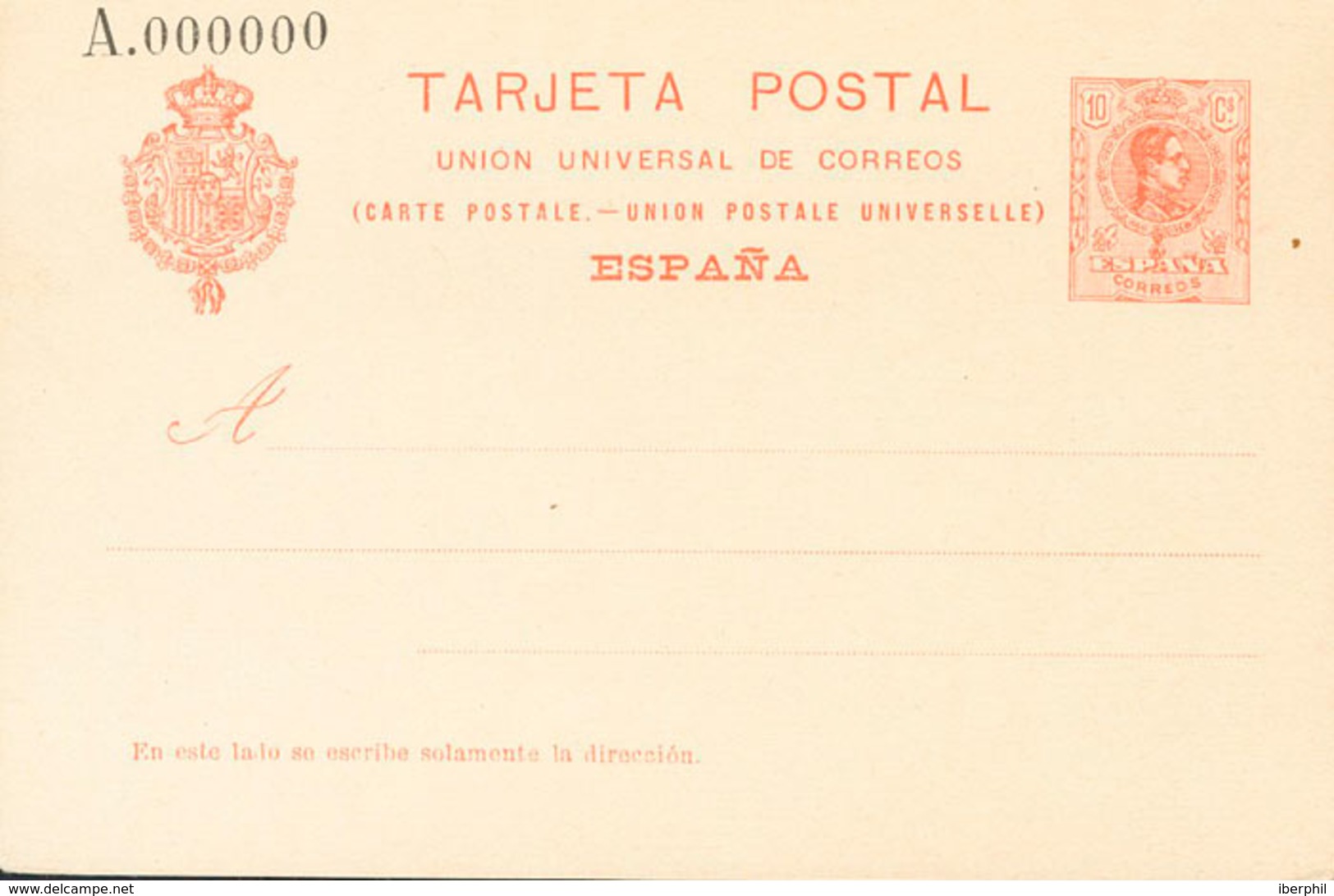 896 1910. (*) EP53N. 10 Cts Naranja Sobre Tarjeta Entero Postal. NºA000000. MAGNIFICA. (Láiz 2006, 100 Euros) - Otros & Sin Clasificación