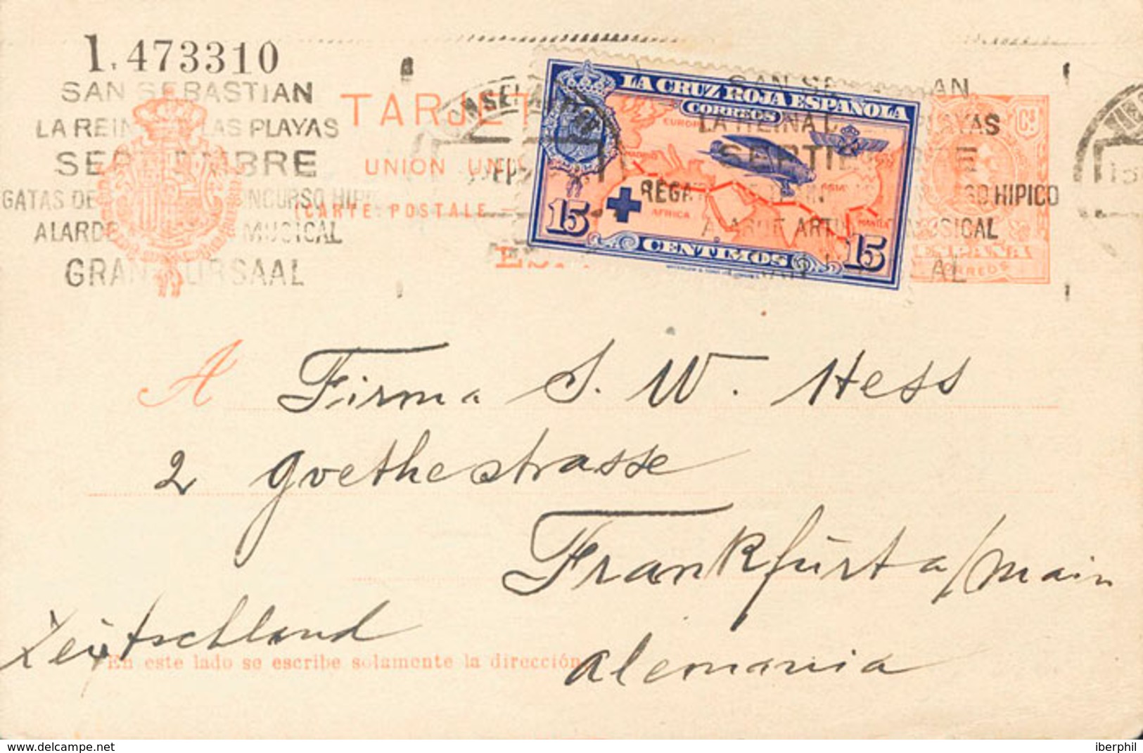 898 1926. Sobre EP53, 341. 10 Cts Naranja Sobre Tarjeta Entero Postal De SAN SEBASTIAN A FRANKFURT (ALEMANIA), Con Franq - Otros & Sin Clasificación