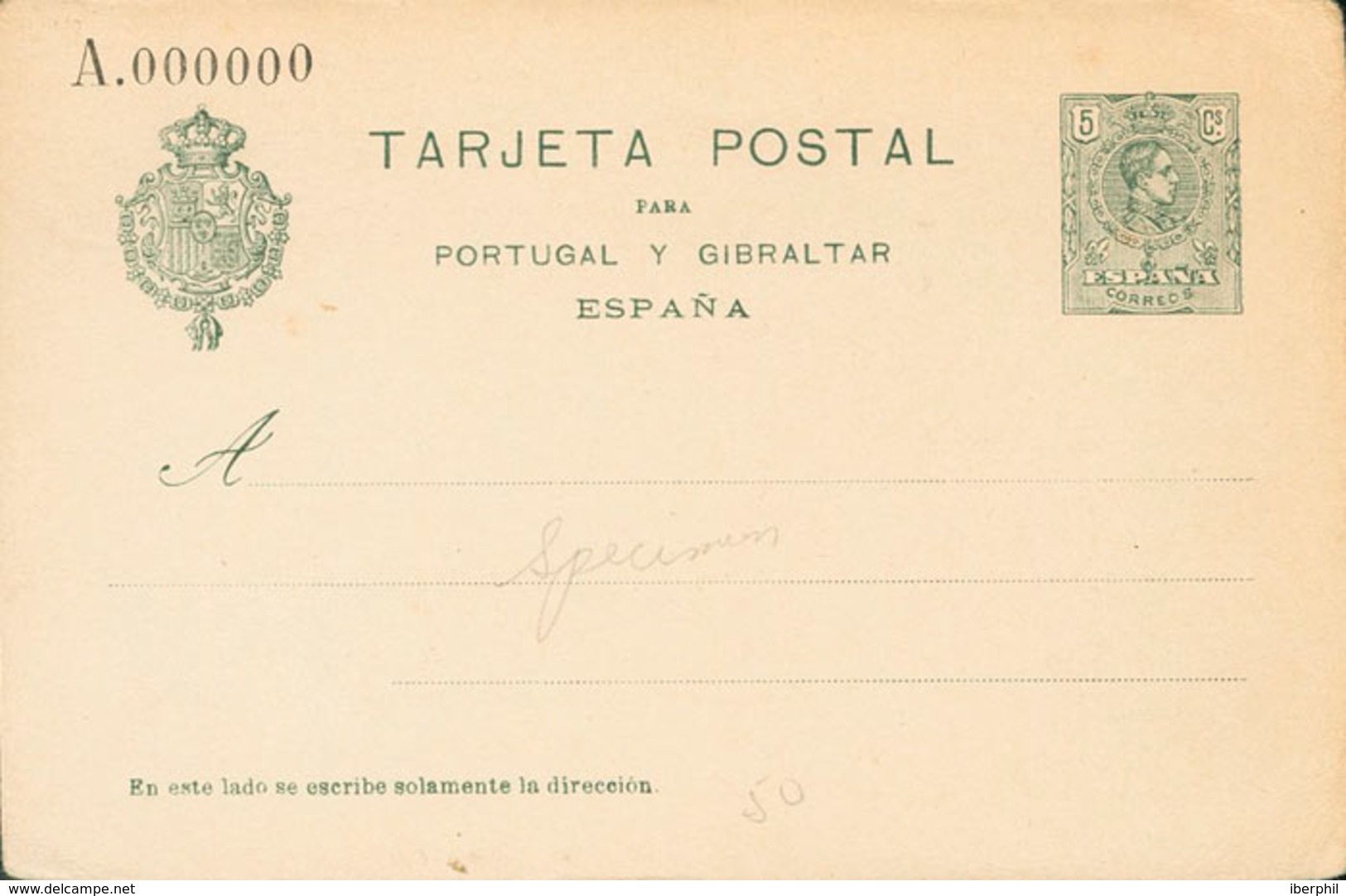 904 1916. (*) EP55N. 5 Cts Verde Sobre Tarjeta Entero Postal. NºA000000. MAGNIFICA. (Láiz 2006, 90 Euros) - Other & Unclassified