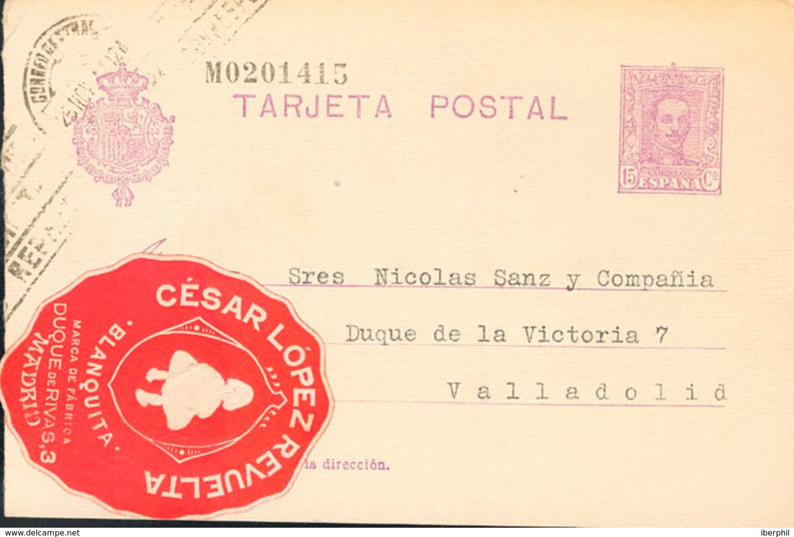 912 1927. Sobre EP57. 15 Cts Violeta Sobre Tarjeta Entero Postal De MADRID A VALLADOLID. En El Frente Etiqueta Particula - Otros & Sin Clasificación