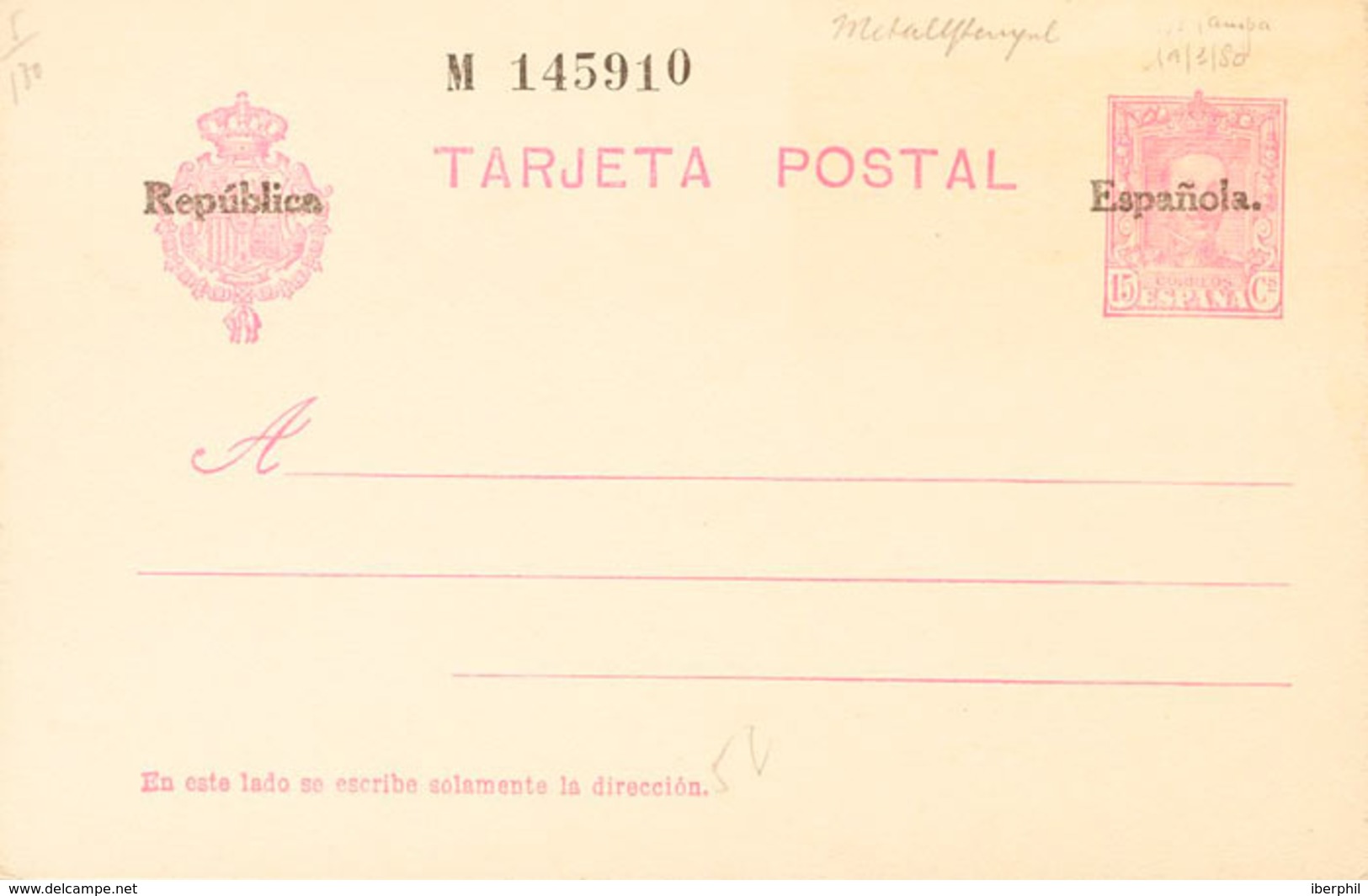 923 1931. (*) EP66. 15 Cts Sobre Tarjeta Entero Postal (sobrecarga Manual). MAGNIFICA. Edifil 2018: 102? - Other & Unclassified