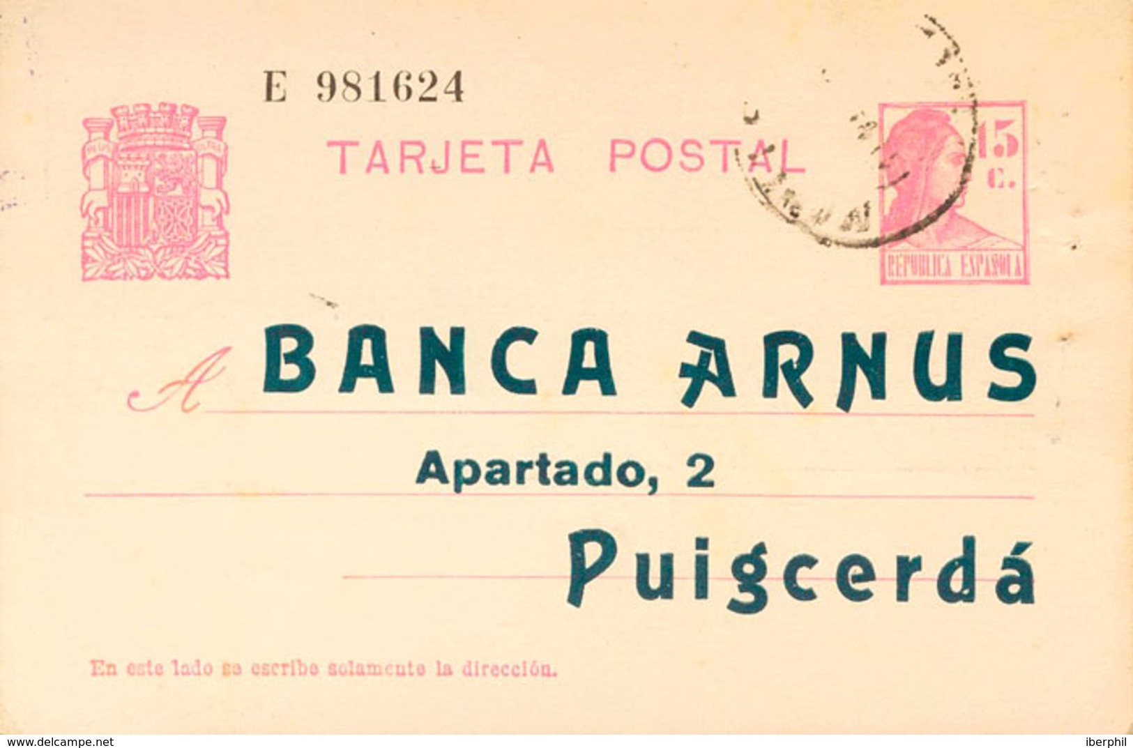 927 1933. Sobre EP69ip. 15 Cts Lila Sobre Tarjeta Entero Postal De MANLLEU A PUIGCERDA. Sobreimpresión Privada BANCA ARN - Otros & Sin Clasificación