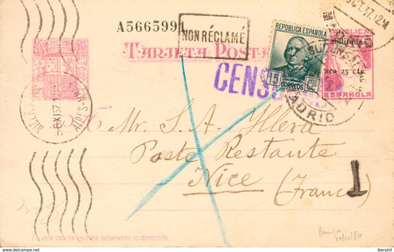 938 1937. Sobre EP76, 683. 25 Cts Sobre 15 Cts Lila Sobre Tarjeta Entero Postal De MADRID A NIZA (FRANCIA), Con Franqueo - Otros & Sin Clasificación