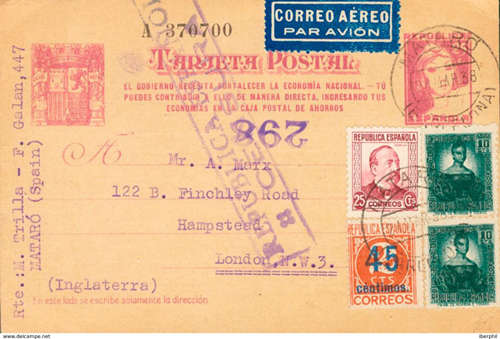 942 1938. Sobre EP77, 685, 732(2), 744. 25 Cts Lila Sobre Tarjeta Entero Postal "El Gobierno Necesita..." De MADRID A HA - Other & Unclassified