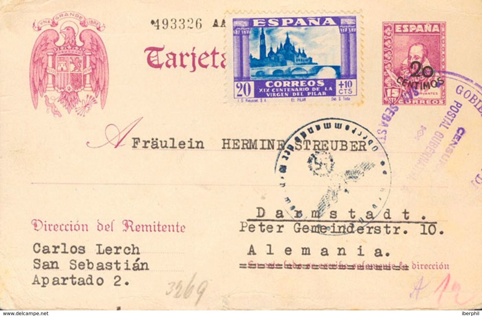 952 1940. Sobre EP85, 891. 20 Cts Sobre 15 Cts Violeta Sobre Tarjeta Entero Postal De SAN SEBASTIAN A DARMSTADT (ALEMANI - Otros & Sin Clasificación