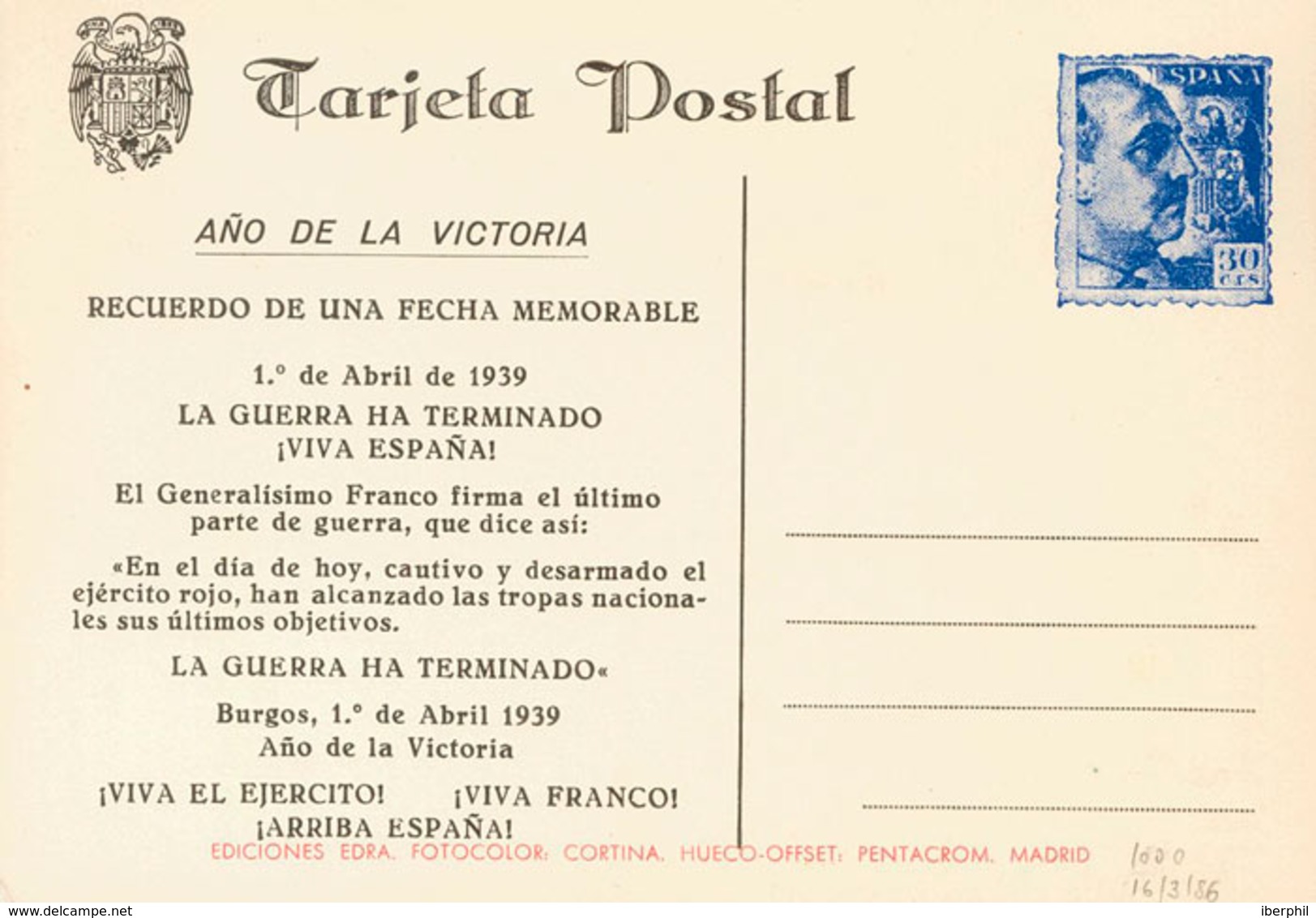 953 1939. Tarjeta Postal Privada Con Reproducción Del 30 Cts Azul De Franco Con Texto "Año De La Victoria..." . MAGNIFIC - Otros & Sin Clasificación