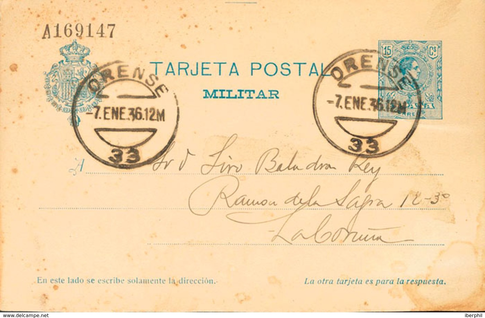 963 1936. Sobre EPM1i. 15 Cts Azul Sobre Tarjeta Entero Postal Militar (de Ida) De ORENSE A LA CORUÑA. BONITA. - Otros & Sin Clasificación