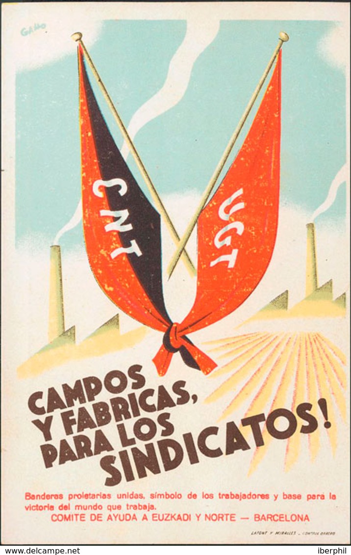 974 1937. Tarjeta Postal Ilustrada (C.N.T. / U.G.T.). COMITE DE AYUDA A EUZKADI Y NORTE. MAGNIFICA Y RARISIMA. - Otros & Sin Clasificación