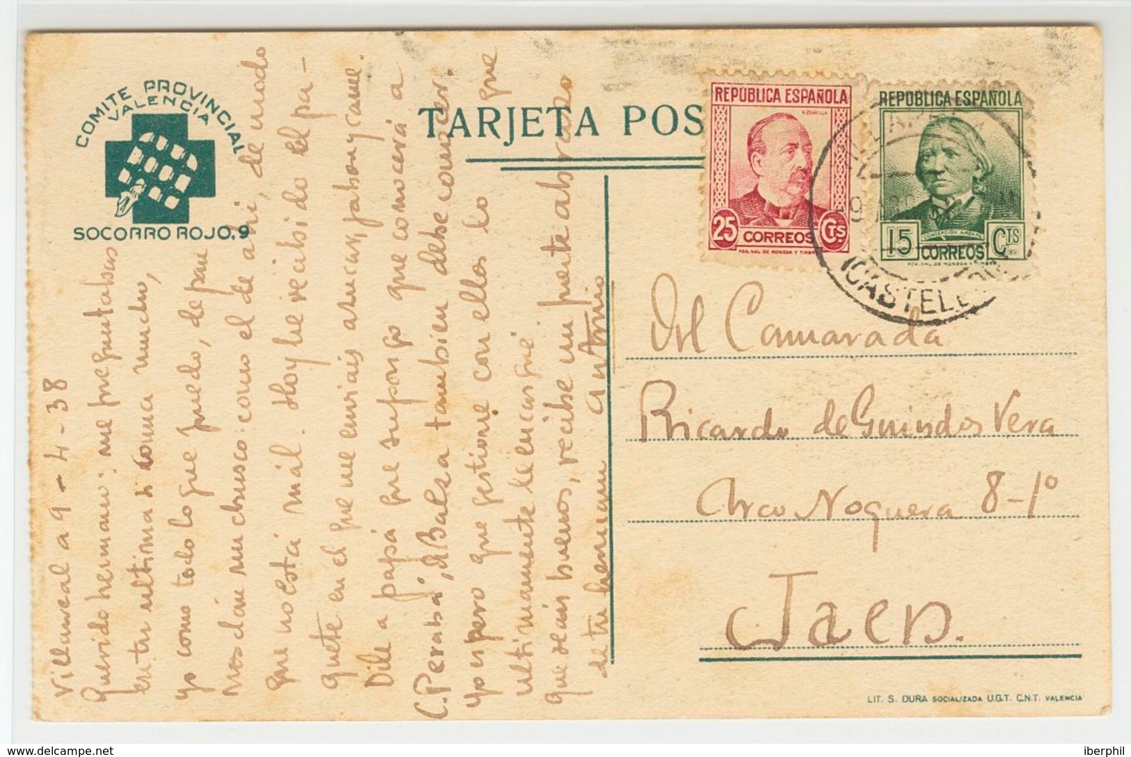 994 1938. Tarjeta Postal Ilustrada Del S.R.I. De Valencia. Nº2 ALIMENTO INDISPENSABLE. Circulada De VILLARREAL A JAEN. M - Altri & Non Classificati