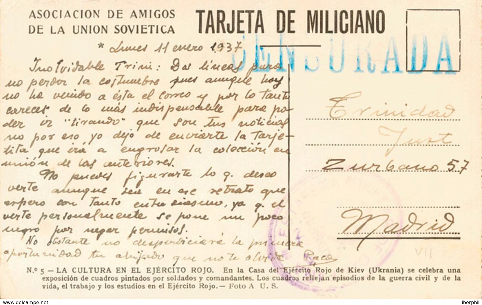 998 1937. Tarjeta Postal De La ASOCIACION DE AMIGOS DE LA UNION SOVIETICA. La Cultura En El Ejército Rojo Nº5. Dirigida  - Altri & Non Classificati