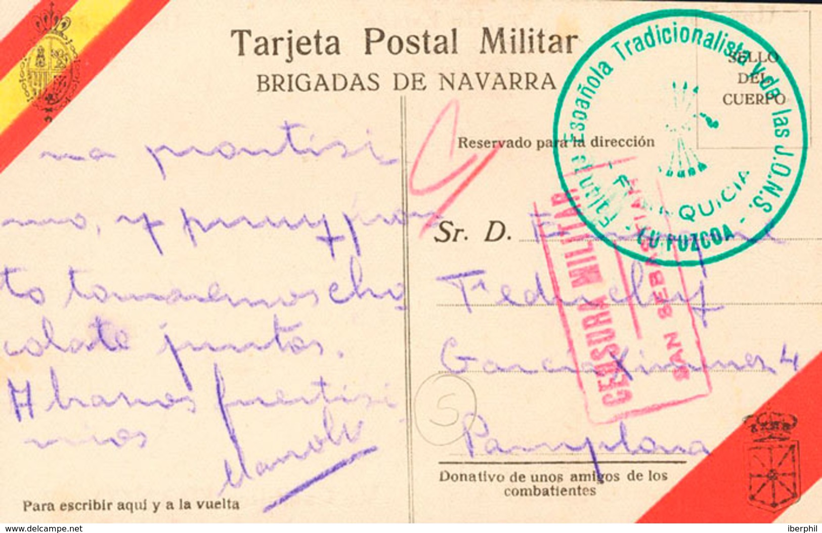 1014 1937. Tarjeta Postal Militar BRIGADAS DE NAVARRA De CAMPO DE CASO (ASTURIAS) A PAMPLONA. Marca De Franquicia FALANG - Otros & Sin Clasificación