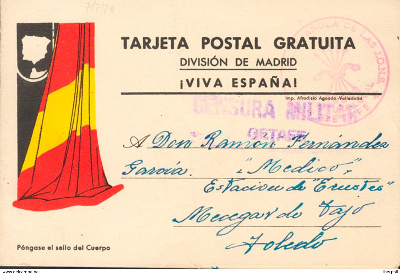 1015 1937. Tarjeta Postal (doble) DIVISION DE MADRID De GETAFE A MESEGAR DE TAJO (TOLEDO). Marca De Franquicia FALANGE E - Otros & Sin Clasificación