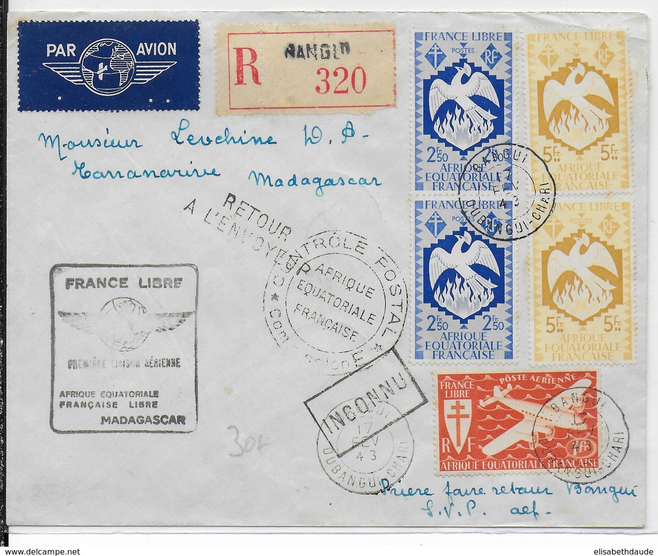 1943 - FRANCE LIBRE - LETTRE RECOMMANDEE De BANGUI (OUBANGUI CHARI) Avec CENSURE AEF - 1° VOL AEF => MADAGASCAR - Guerre De 1939-45