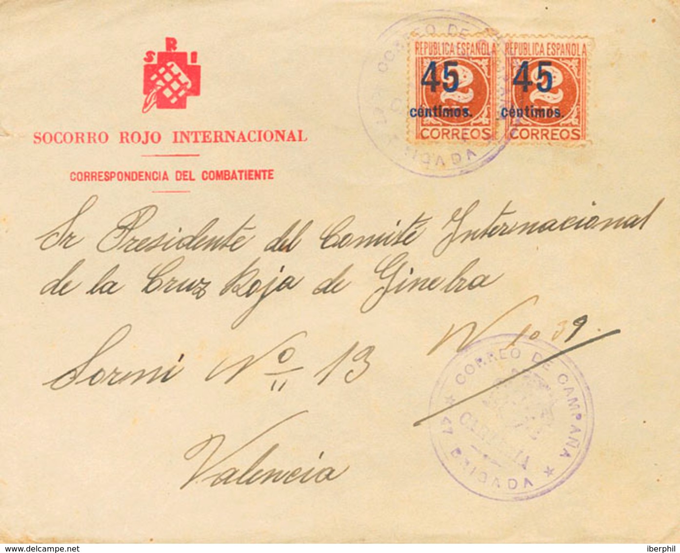 1041 (1938ca). 45 Cts Sobre 2 Cts Castaño, Pareja. Sobre Del S.R.I. Dirigido A VALENCIA. Matasello CORREO DE CAMPAÑA / C - Other & Unclassified