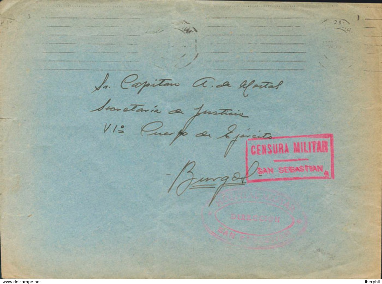 1043 1937. SAN SEBASTIAN A BURGOS. Marca De Franquicia HOSPITAL MILITAR / DIRECCION / SAN SEBASTIAN, En Carmín Y Llegada - Other & Unclassified