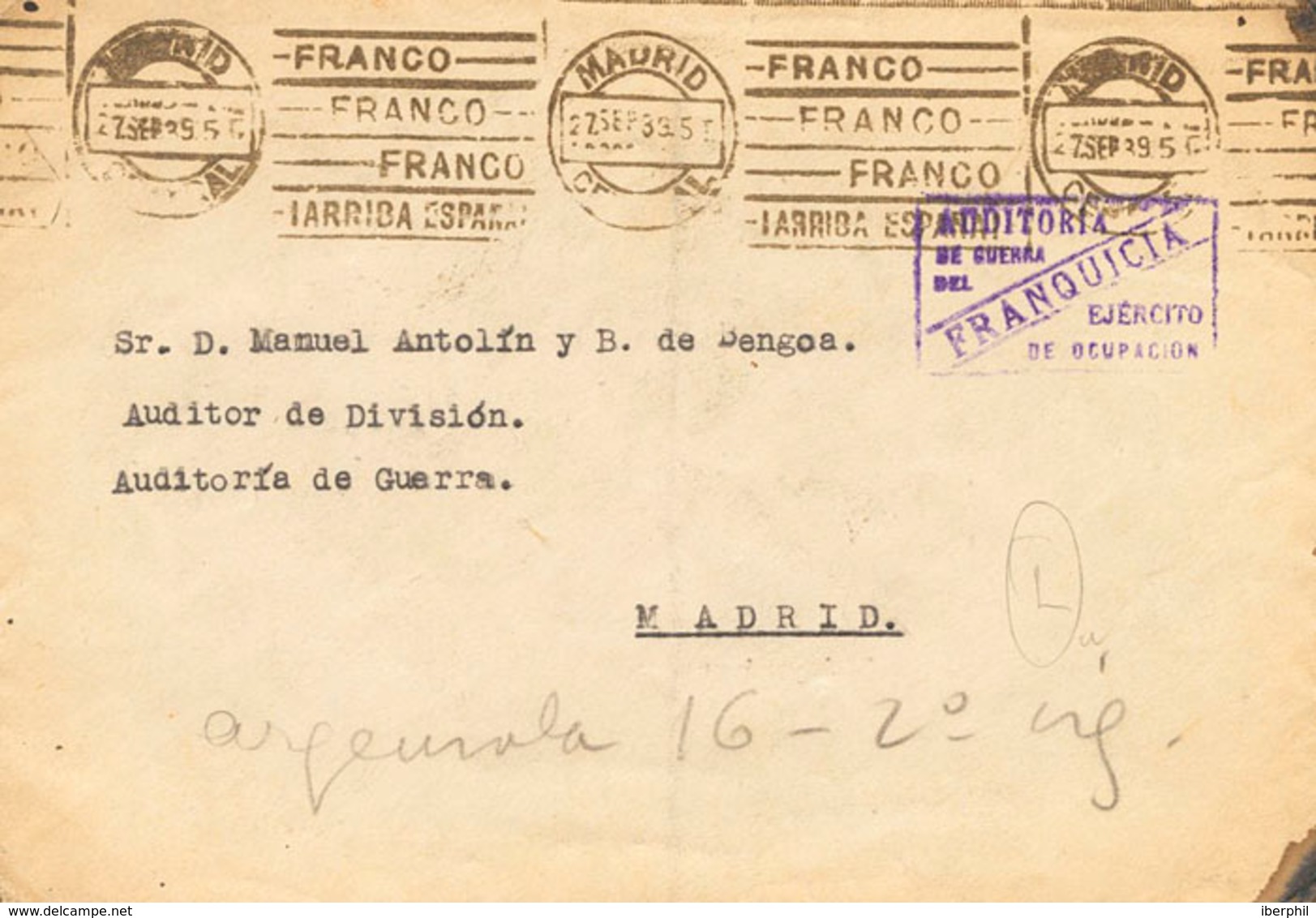 1048 1939. Correo Interior De MADRID. Marca De Franquicia AUDITORIA / DE GUERRA / DEL / EJERCITO / DE OCUPACION, En Viol - Otros & Sin Clasificación