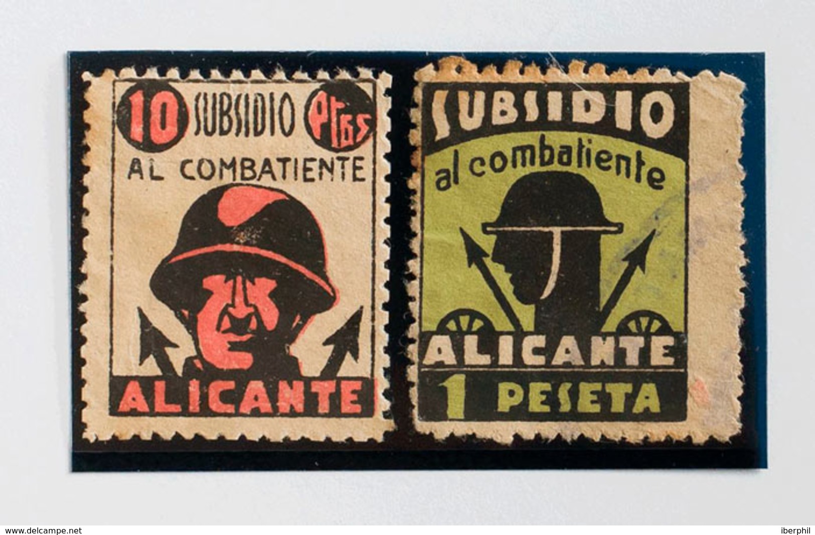 1063 1937. 1 Pts Negro Y Verde Claro Y 10 Pts Negro Y Rosa. ALICANTE. SUBSIDIO AL COMBATIENTE. BONITOS. (Allepuz 3/4) - Otros & Sin Clasificación