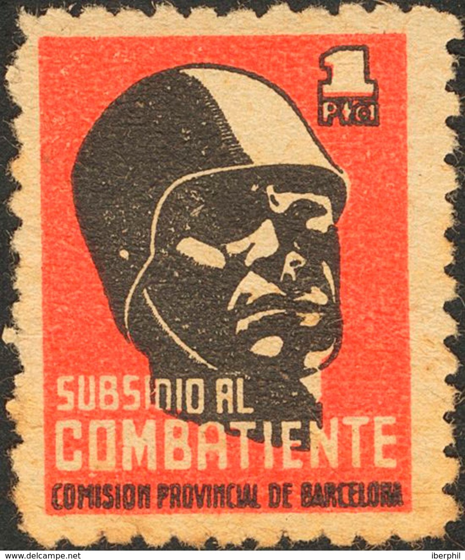 1064 (1937ca). 1 Pts Negro Y Rojo, Sobre Amarillo. BARCELONA. SUBSIDIO AL COMBATIENTE. BONITO. (Allepuz 38) - Otros & Sin Clasificación