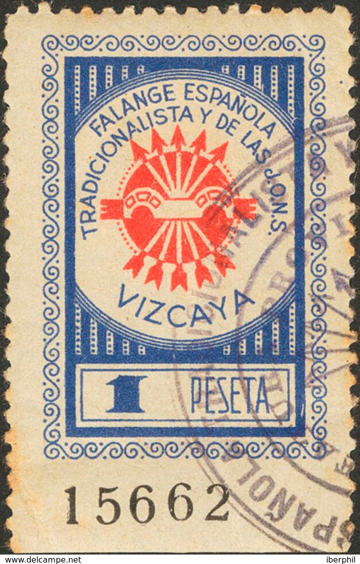 1075 1939. 1 Pts Azul Y Rojo. VIZCAYA. FALANGE ESPAÑOLA TRADICIONALISTA Y DE LAS J.O.N.S. MAGNIFICO Y RARO. - Otros & Sin Clasificación