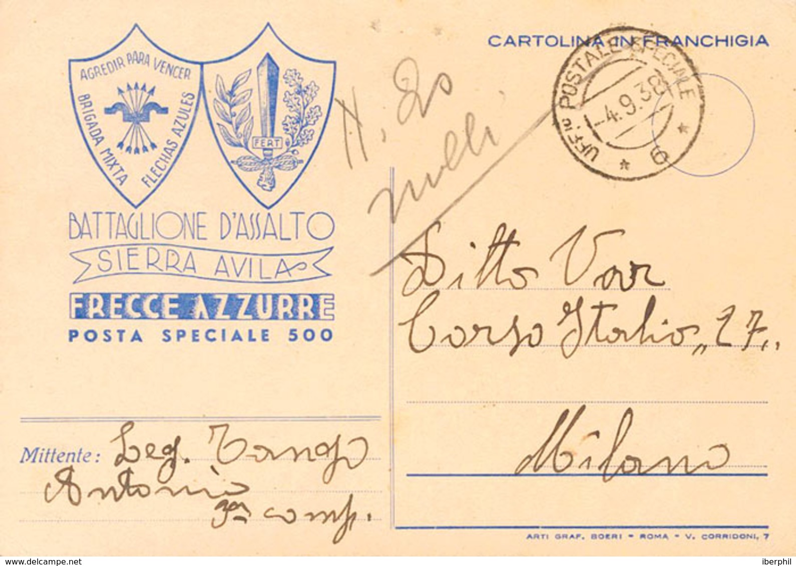 1093 1938. Tarjeta Postal Del BATTAGLIONE D'ASSALTO / SIERRA AVILA / FRECCE AZZURRE. Dirigida A MILAN (ITALIA). Fechador - Otros & Sin Clasificación