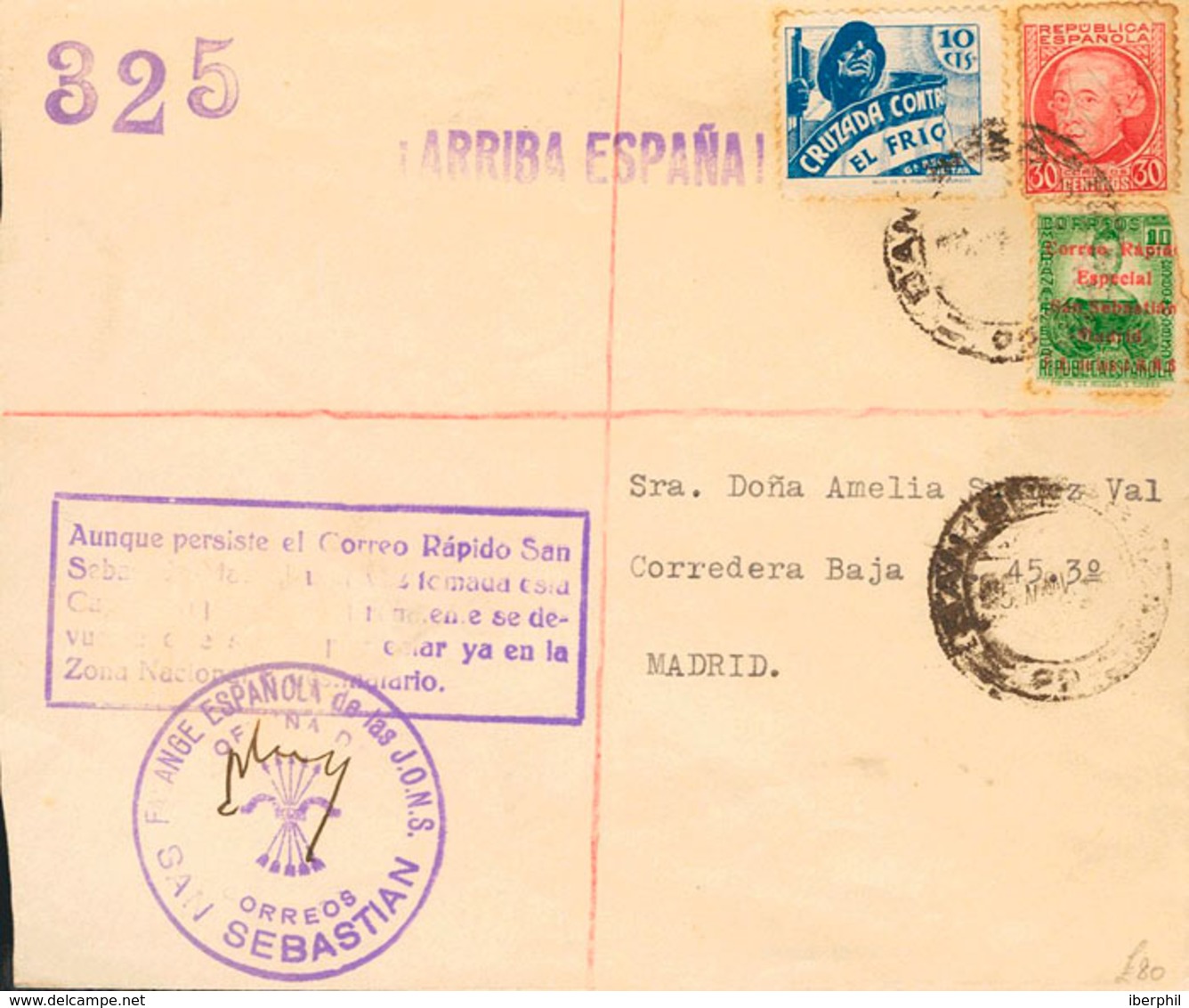 1106 (1936ca). Sobre 19. 10 Cts Verde, 30 Cts Carmín Y 10 Cts De Cruzada Contra El Frío. Sobre Del Correo Rápido De SAN  - Emisiones Nacionalistas