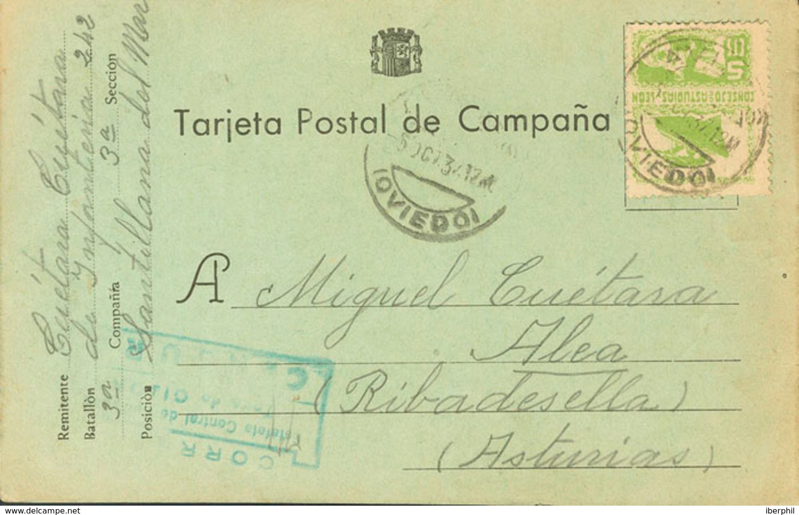 1117 1937. Sobre 5. 5 Cts Verde Claro. Tarjeta Postal De Campaña De SANTILLANA DEL MAR (CANTABRIA) A RIBADESELLA. MAGNIF - Asturias & Leon