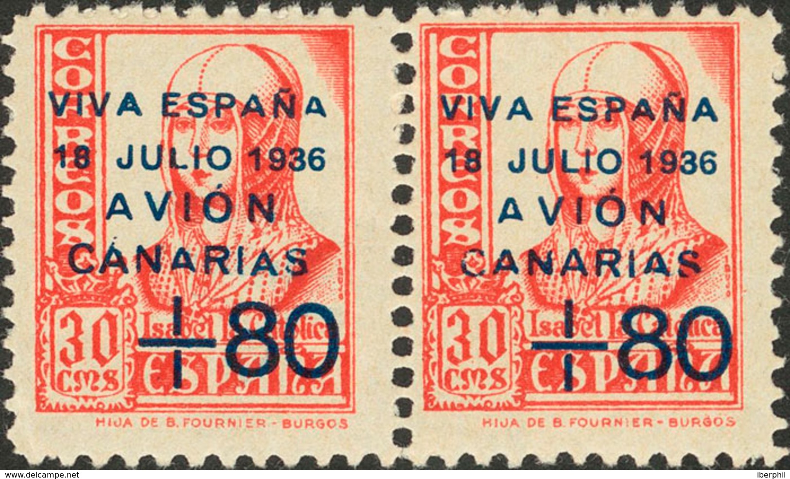 1120 1937. ** 15, 15hc. + 80 Cts Sobre 30 Cts Carmín, Pareja. Un Sello Variedad TERCERA "A" DE CANARIAS MAS PEQUEÑA. MAG - Otros & Sin Clasificación