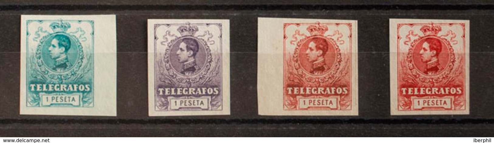 1128 1912. (*) 52P(4). Conjunto De Cuatro ENSAYOS DE COLOR Y SIN DENTAR Del Valor De 1 Pts En Violeta, Castaño Rojo, Car - Telegramas