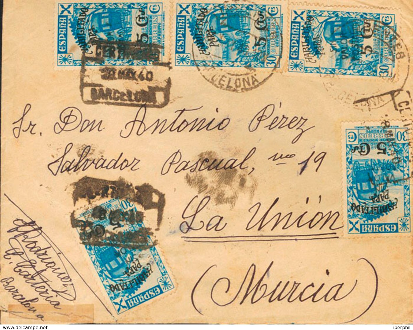 1132 1940. Sobre 36(5). 5 Cts Sobre 30 Cts Azul, Cinco Sellos. Certificado De BARCELONA A LA UNION (MURCIA). Al Dorso Ll - Otros & Sin Clasificación