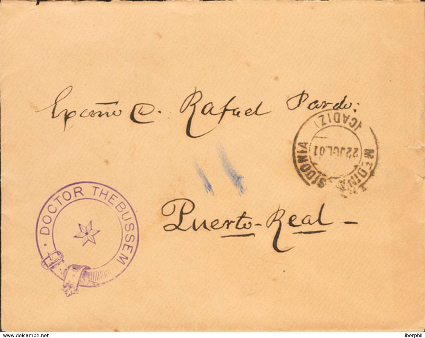 1133 1901. Sobre FR6. MEDINA-SIDONIA (CADIZ) A PUERTO REAL. Marca De Franquicia DOCTOR THEBUSSEM, En Violeta Y Al Dorso  - Postage Free