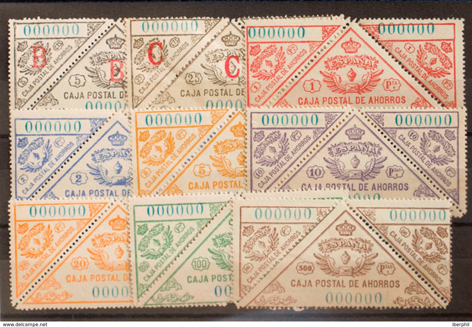 1135 1918. Serie Completa CAJA POSTAL DE AHORROS, Nueve Valores. Nº000000, En Azul. MAGNIFICA Y RARA. (Gálvez 1/9) - Otros & Sin Clasificación