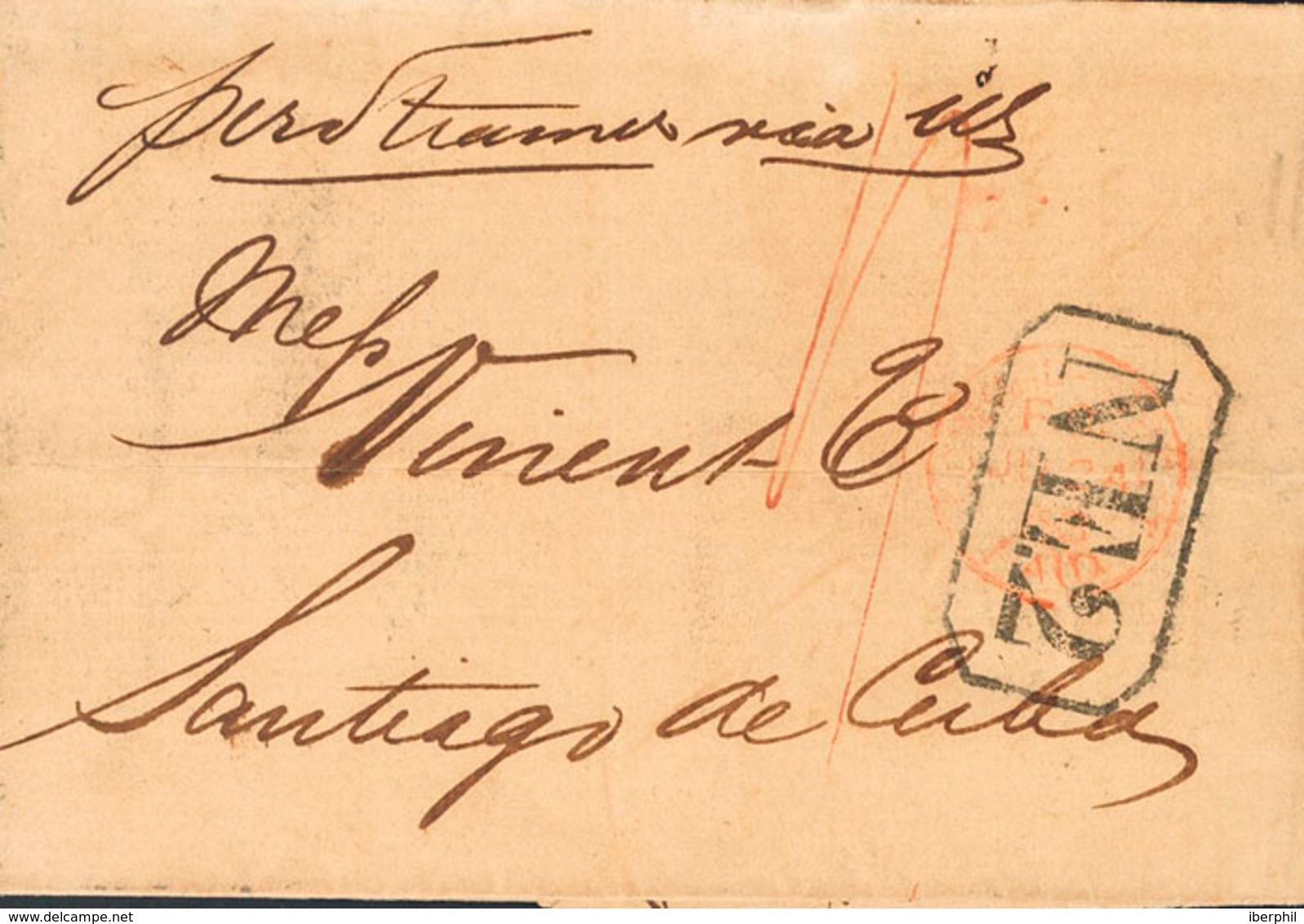 1217 1858. LONDRES A SANTIAGO DE CUBA. Marca NE.2, Aplicada Para Las Cartas Procedentes De Europa Del Norte Y Manuscrito - Cuba (1874-1898)