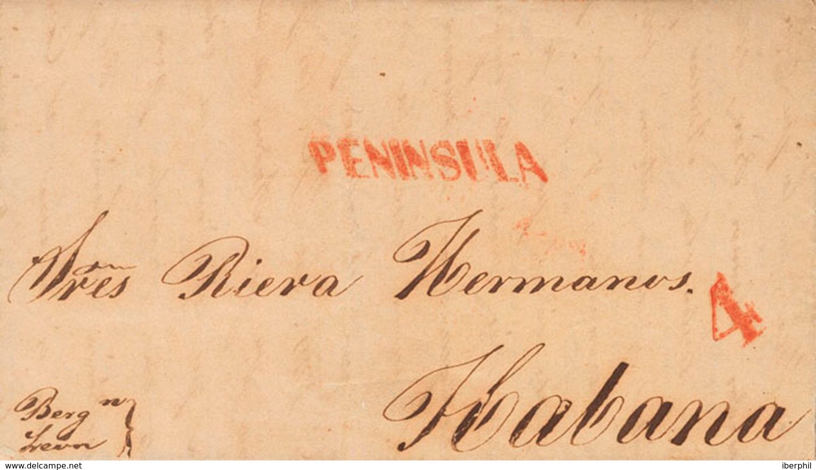 1234 1845. SANTANDER A LA HABANA. Marca PENINSULA, En Rojo Aplicada A La Llegada Para Indicar El Origen De La Misiva (P. - Cuba (1874-1898)