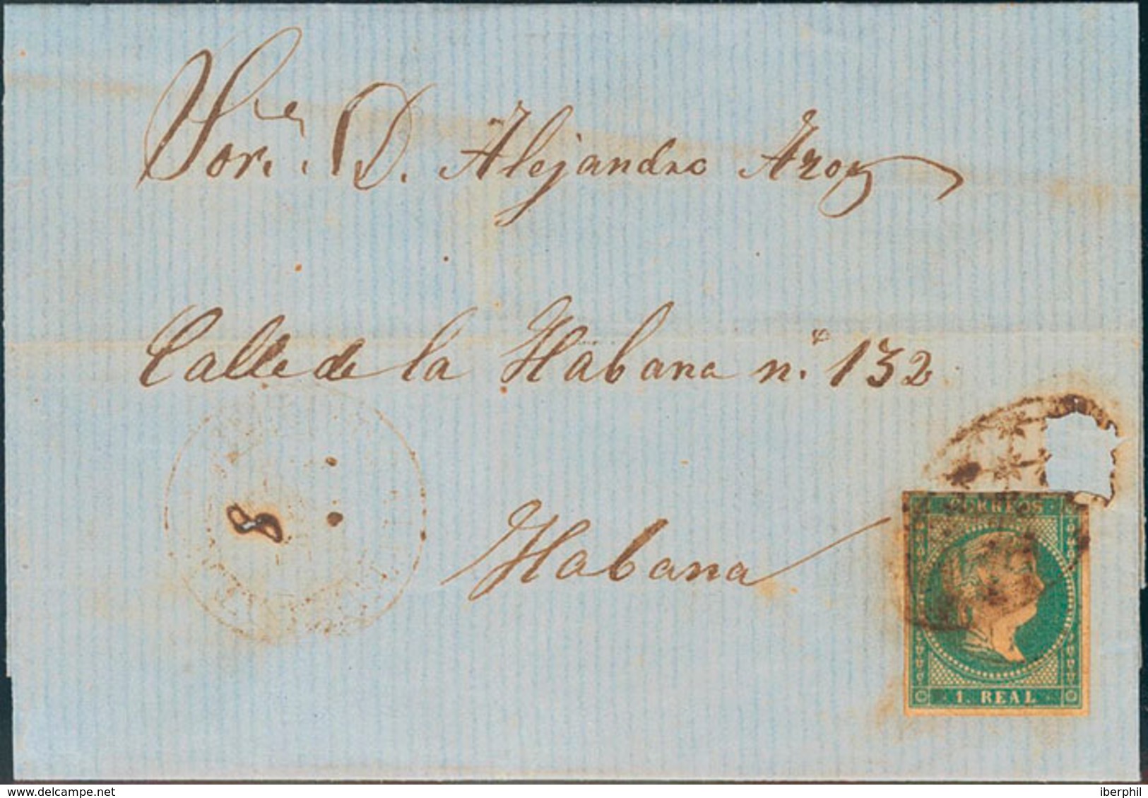 1236 1859. 1 Real Azul Verdoso De España. SAN ISIDRO DE AGUACATE (MEJICO) A LA HABANA. Matasello PARRILLA COLONIAL (eros - Cuba (1874-1898)