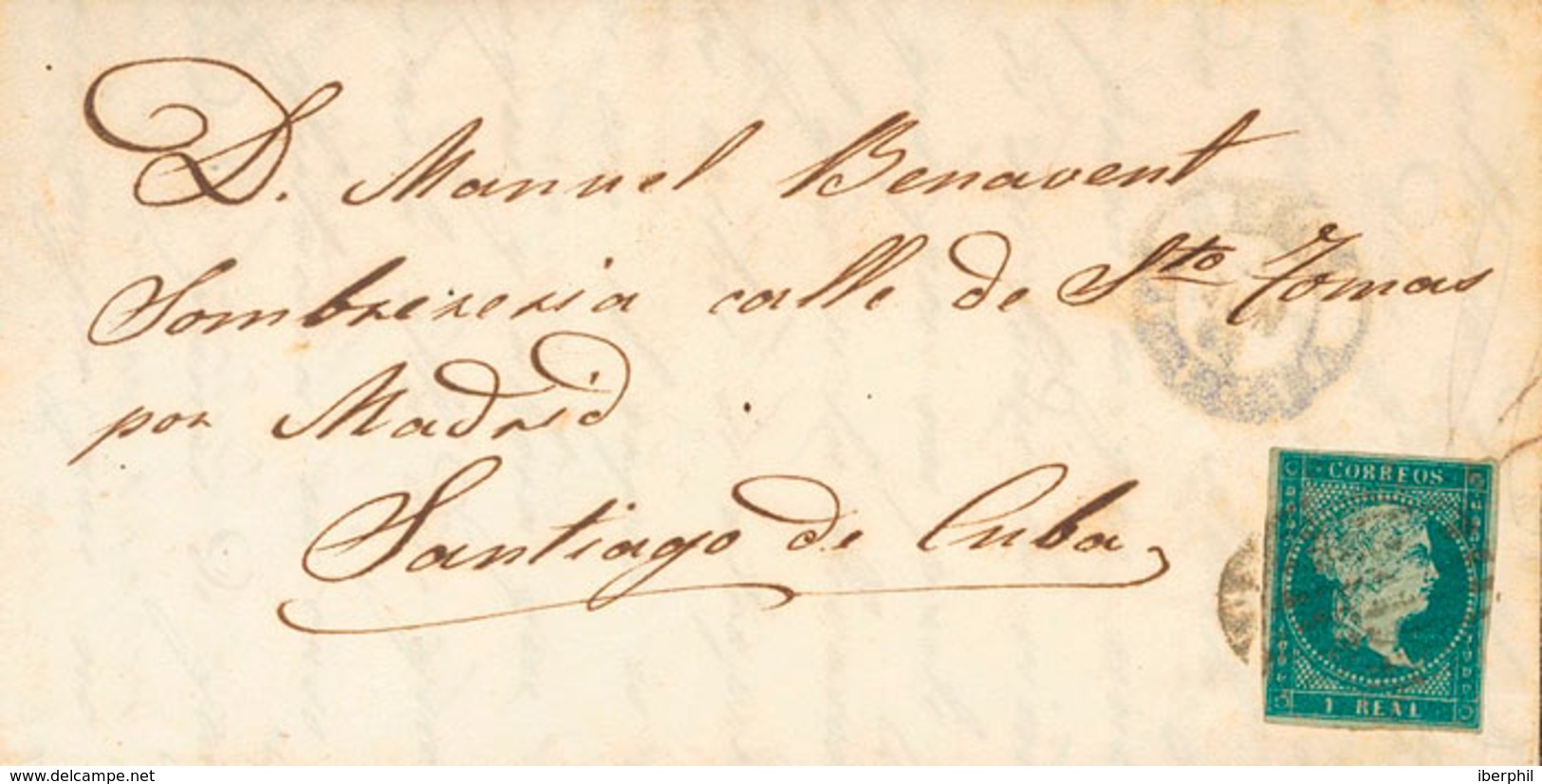 1237 1858. Sobre 41. 1 Real Verdoso. REUS A SANTIAGO DE CUBA. MAGNIFICA E INUSUAL DESTINO A CUBA DESDE LA PENINSULA. - Cuba (1874-1898)