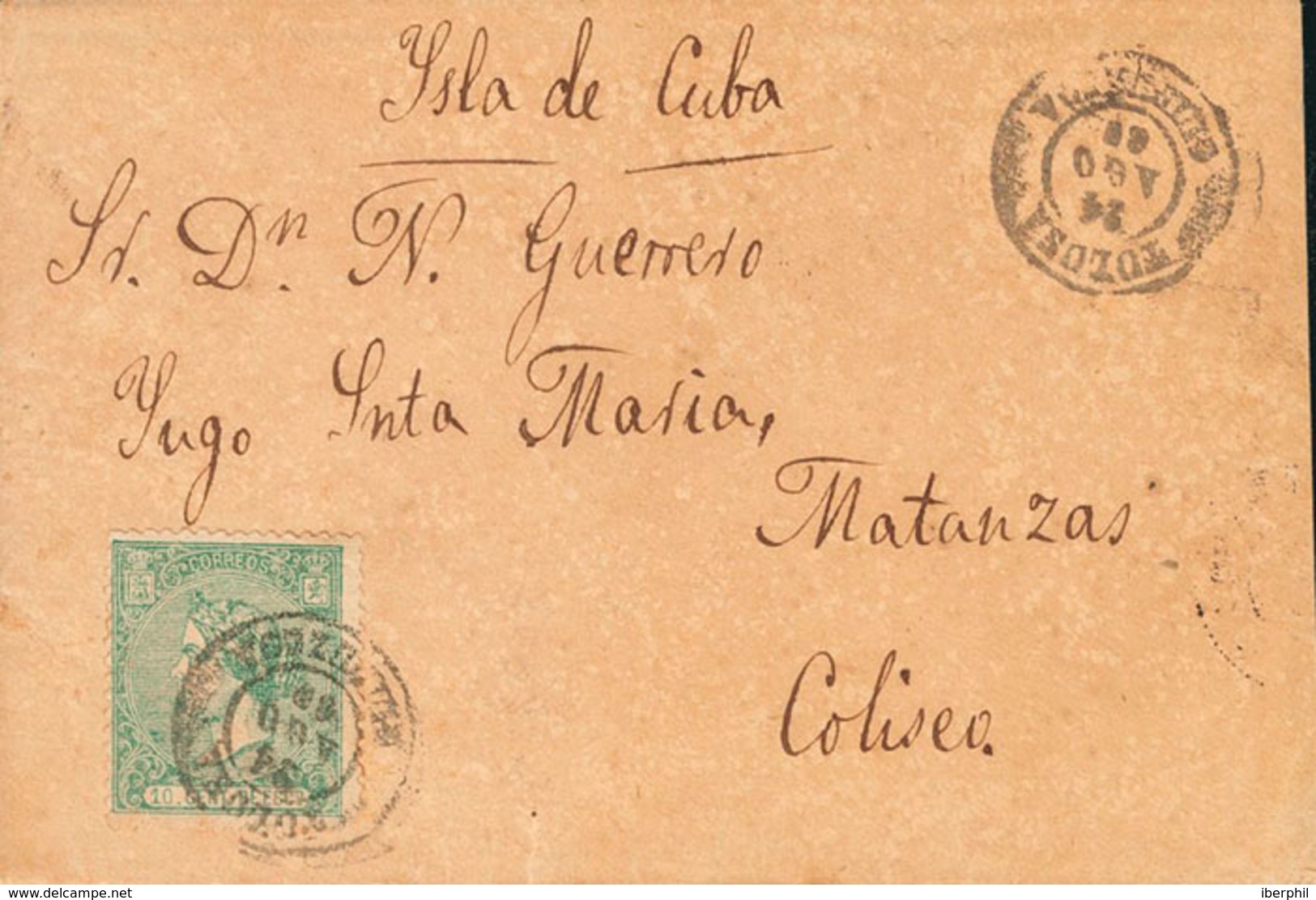1243 1866. Sobre 84. 10 Cts Verde. TOLOSA A COLISEO (CUBA). Matasello TOLOSA / GUIPUZCOA. MAGNIFICA. - Cuba (1874-1898)