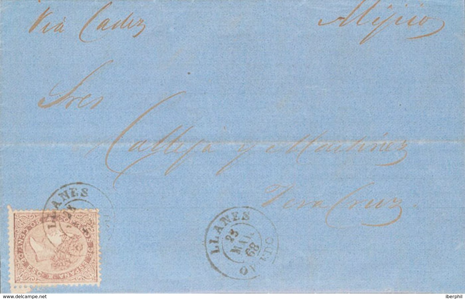 1249 1868. Sobre 92. 20 Cts Lila. LLANES A VERACRUZ (MEXICO). Matasello LLANES / OVIEDO. Circulada Vía Cádiz Y La Habana - Cuba (1874-1898)