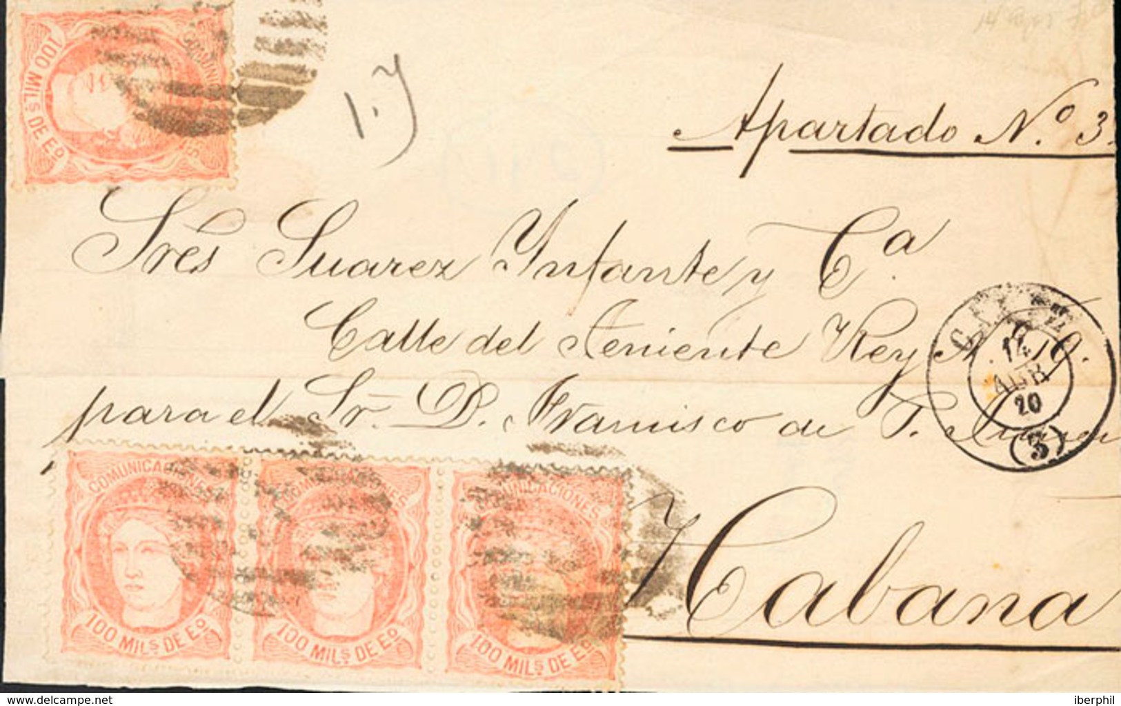 1255 1870. Sobre 108(4). 100 Mils Castaño Rojo Claro, Cuatro Sellos. Frontal De CADIZ A LA HABANA. MAGNIFICO Y RARO FRAN - Cuba (1874-1898)