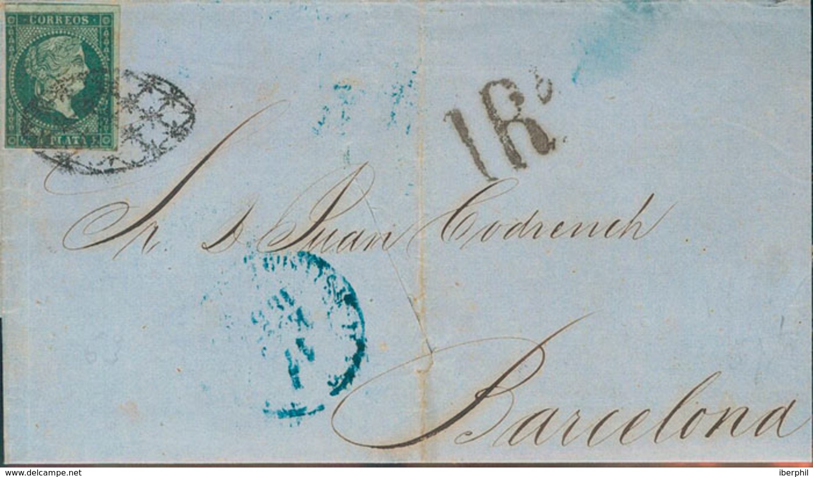 1289 1856. Sobre 1. ½ Real Verde Negruzco (doblez De Archivo). LA HABANA A BARCELONA. Corte De Desinfección Posiblemente - Cuba (1874-1898)